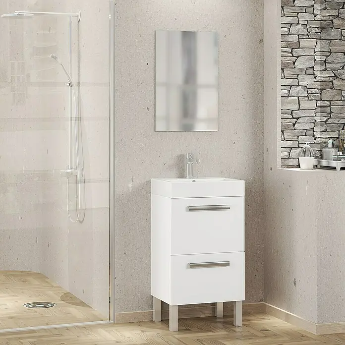 Artysan Conjunto de mueble de baño Lidia - Ancho: 45 cm, Blanco, 3 pzs. - Baño moderno con mueble de lavabo blanco con dos cajones, lavabo sobre encimera y espejo rectangular.