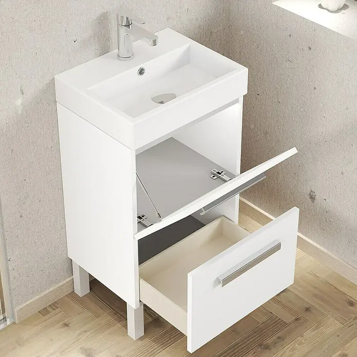 Artysan Conjunto de mueble de baño Lidia - Ancho: 45 cm, Blanco, 3 pzs. - La imagen muestra un mueble de lavabo blanco con un cajón y una puerta abatible, perfecto para un baño moderno.