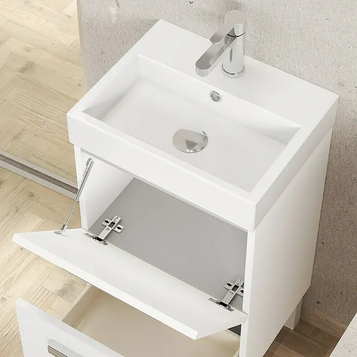 Artysan Conjunto de mueble de baño Lidia - Ancho: 45 cm, Blanco, 3 pzs. - Un moderno mueble de baño blanco con armario abierto y grifo. Mueble de baño práctico para un baño elegante.