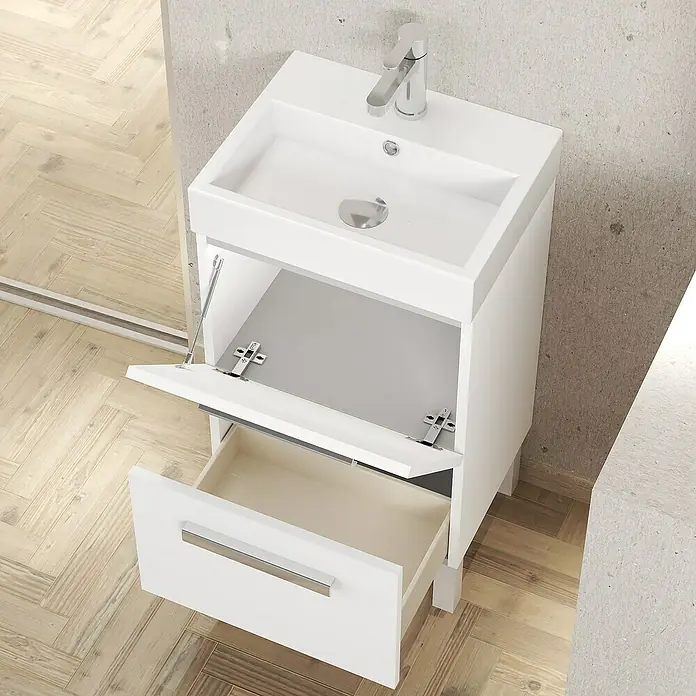 Artysan Conjunto de mueble de baño Lidia - Ancho: 45 cm, Blanco, 3 pzs. - Imagen de un lavabo blanco con cajones abiertos y grifo, ideal para diseños de baño modernos.