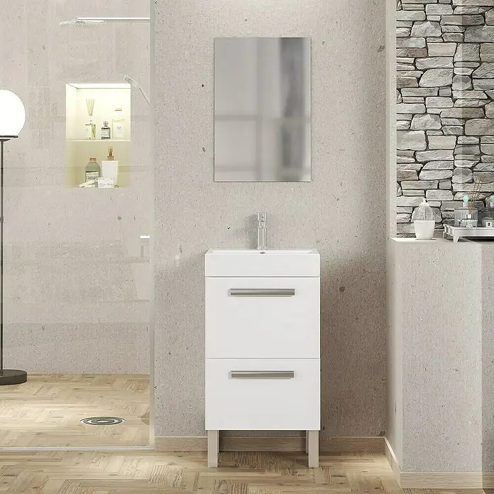 Artysan Conjunto de mueble de baño Lidia - Ancho: 45 cm, Blanco, 3 pzs. - Baño moderno con mueble de lavabo blanco con dos cajones y un espejo elegante encima.