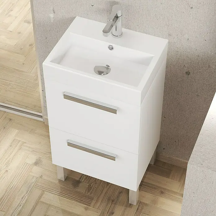 Artysan Conjunto de mueble de baño Lidia - Ancho: 45 cm, Blanco, 3 pzs. - Mueble de lavabo blanco con dos cajones y grifo moderno. Diseño elegante y solución de almacenamiento funcional para cualquier baño.