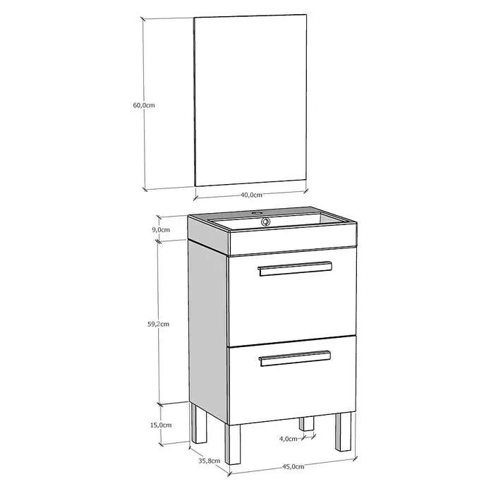 Artysan Conjunto de mueble de baño Lidia - Ancho: 36 cm, Nebraska, 3 pzs. - Imagen de un mueble de baño con dos cajones, un lavabo y un espejo.
