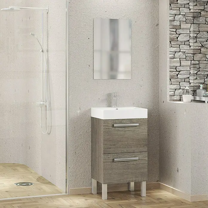 Artysan Conjunto de mueble de baño Lidia - Ancho: 36 cm, Nebraska, 3 pzs. - Lavabo de baño moderno con dos cajones con diseño de grano de madera y lavabo sobre encimera blanco, ideal para baños con estilo.