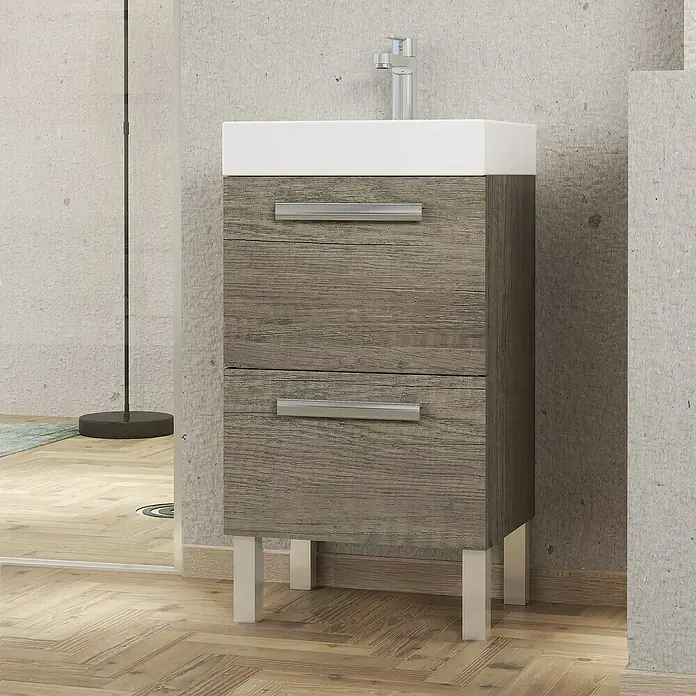 Artysan Conjunto de mueble de baño Lidia - Ancho: 36 cm, Nebraska, 3 pzs. - Imagen de un lavabo moderno con mueble de madera y dos cajones. El lavabo es blanco y los tiradores son de metal.