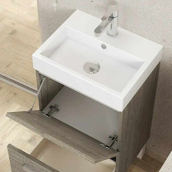 Artysan Conjunto de mueble de baño Lidia - Ancho: 36 cm, Nebraska, 3 pzs. - Este tocador con gabinete tiene una encimera blanca y una puerta y cajón con vetas de madera para guardar artículos de baño.