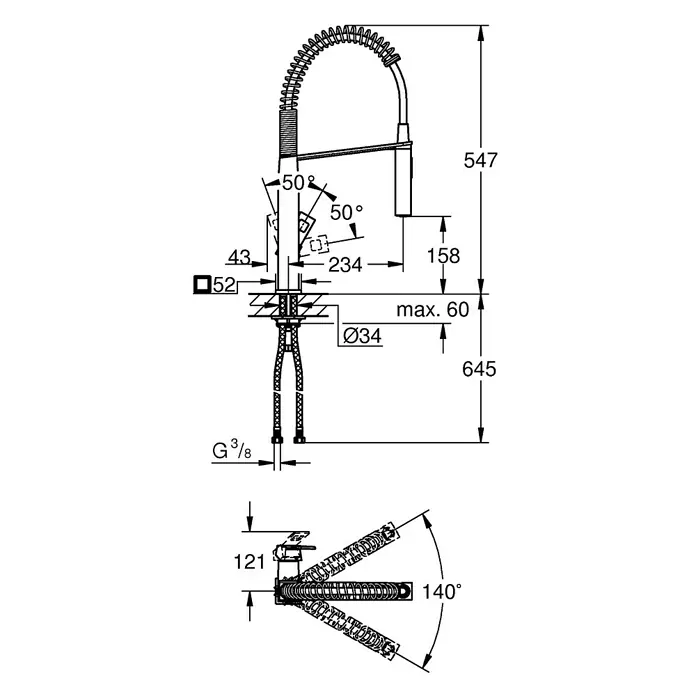 Grohe Eurocube Spültischarmatur - Chrom, Glänzend, Anzahl Strahlarten: 2 Stk. - Technische Zeichnung einer Küchenarmatur mit flexibler Feder, inklusive aller Maße für Installation und Gebrauch.