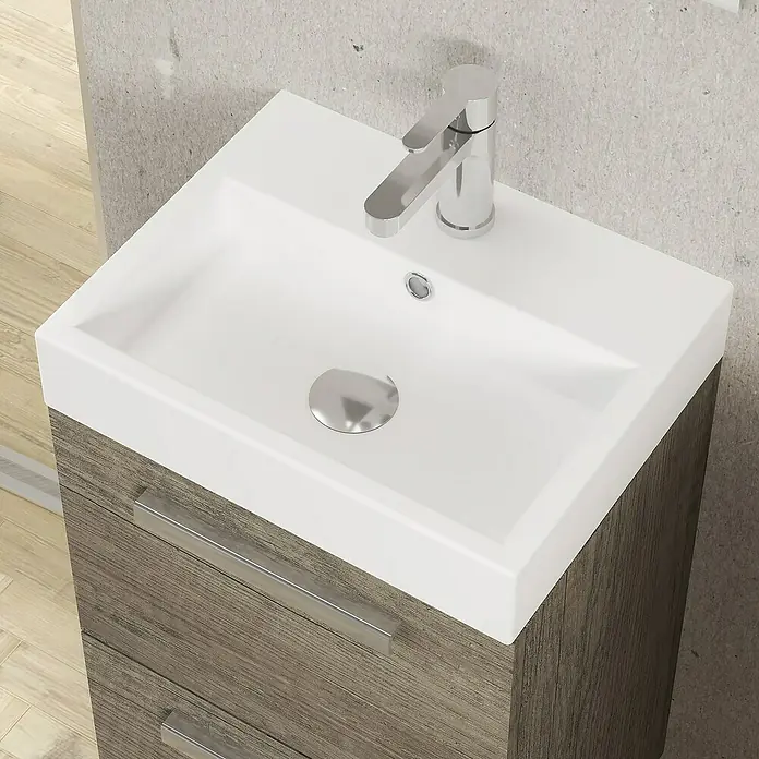 Artysan Conjunto de mueble de baño Lidia - Ancho: 36 cm, Nebraska, 3 pzs. - Un mueble de lavabo con lavabo blanco y decoración de madera gris. Una solución moderna de muebles de baño para baños elegantes.