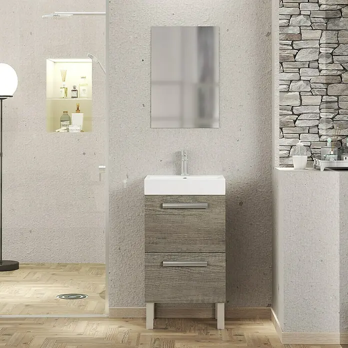 Artysan Conjunto de mueble de baño Lidia - Ancho: 36 cm, Nebraska, 3 pzs. - Mueble de baño moderno con gabinete de aspecto de madera y lavabo blanco, ideal para añadir estilo y funcionalidad a tu espacio.