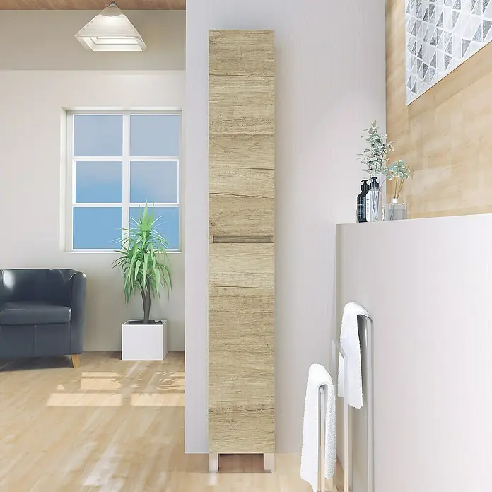 Artysan Armario alto de baño Inca - 24,6 x 26,5 x 173 cm, Nature - Un armario de baño alto, delgado, con efecto de madera y líneas verticales que se funde en el ambiente moderno del baño.