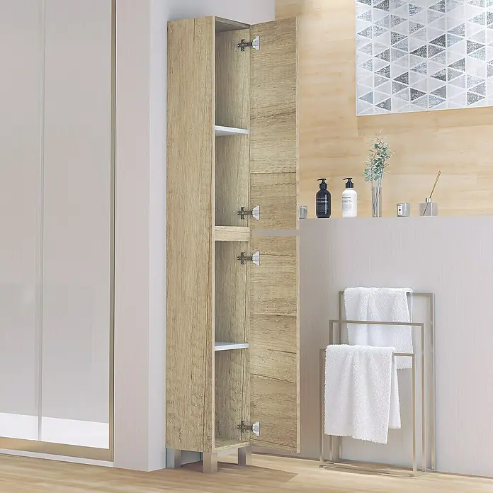 Artysan Armario alto de baño Inca - 24,6 x 26,5 x 173 cm, Nature - Foto del armario de madera con estantes para guardar y el toallero en el baño.