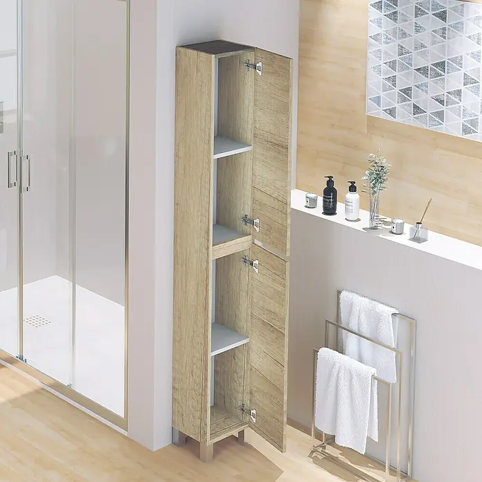 Artysan Armario alto de baño Inca - 24,6 x 26,5 x 173 cm, Nature - Armario de baño en tono madera con puertas abiertas y estantes claros, perfecto para guardar elementos esenciales.
