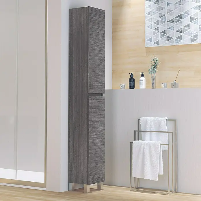 Artysan Armario alto de baño Inca Old - 27 x 25 x 181 cm, Gris ceniza - Mueble de baño gris con toallero y decoración. Almacenamiento de baño práctico para más organización y estilo en el baño.