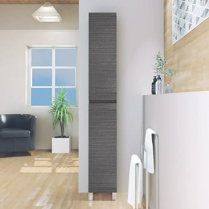 Artysan Armario alto de baño Inca Old - 27 x 25 x 181 cm, Gris ceniza - Armario de baño gris con patrón de madera. Ofrece espacio de almacenamiento y encaja bien en diseños de baño modernos.