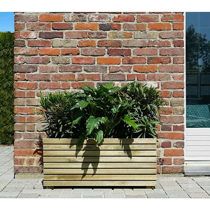 Cerland Macetero para plantas Horizon - Dimensiones externas (L x An x Al): 90 x 40 x 40 cm, Madera, Natural - Jardinera rectangular de madera clara con exuberantes plantas verdes frente a una pared de ladrillo.