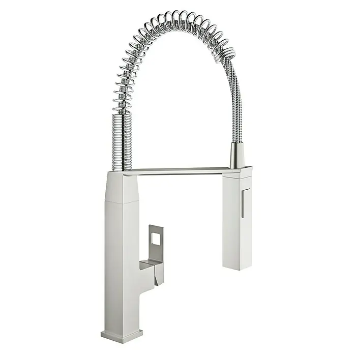 Grohe Eurocube Spültischarmatur - Edelstahl, Matt, Anzahl Strahlarten: 2 Stk. - Eine elegante Küchenarmatur mit einem spiralförmigen Auslauf, die sowohl funktional als auch ein stilvoller Blickfang ist.