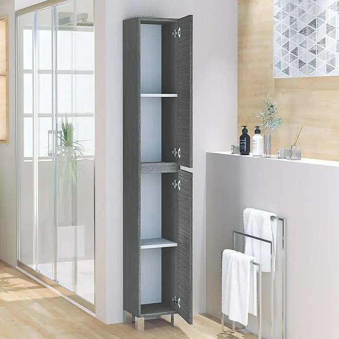 Artysan Armario alto de baño Inca Old - 27 x 25 x 181 cm, Gris ceniza - Armario de baño gris con puertas abiertas, mostrando estantes blancos, ideal para almacenamiento en el baño.