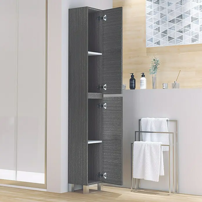 Artysan Armario alto de baño Inca Old - 27 x 25 x 181 cm, Gris ceniza - Armario de baño gris con puertas abiertas, que ofrece almacenamiento y funcionalidad en un diseño moderno.