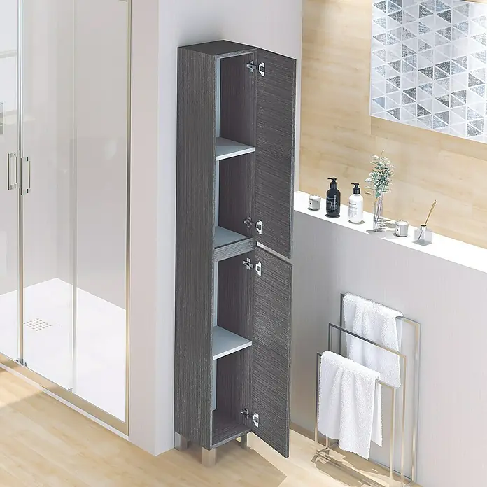 Artysan Armario alto de baño Inca Old - 27 x 25 x 181 cm, Gris ceniza - Un mueble de baño gris con dos puertas abiertas y estantes blancos. Perfecto para guardar artículos de baño.