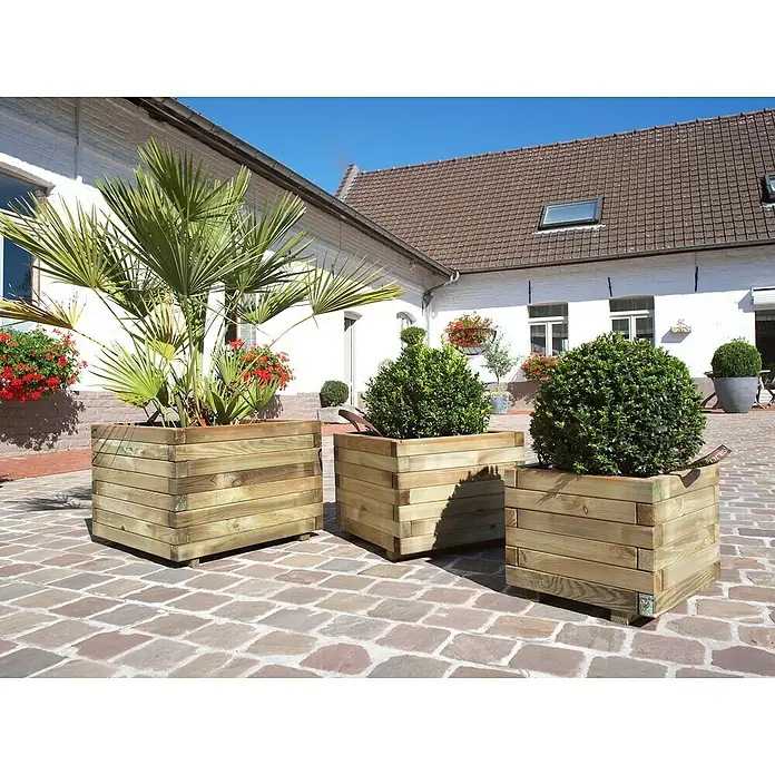 Cerland Macetero para plantas Baroque - Dimensiones externas (L x An x Al): 40 x 40 x 33 cm, Madera, Natural - Tres maceteros cuadrados de madera con diferentes plantas colocados en una zona pavimentada frente a un edificio blanco.