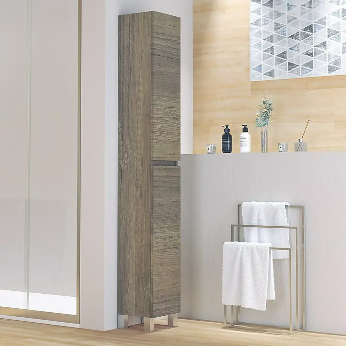 Artysan Armario alto de baño Inca - 24,6 x 26,5 x 173 cm, Nebraska - Mueble de baño en tonos de madera con toallero y artículos de baño para un almacenamiento elegante.