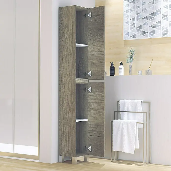 Artysan Armario alto de baño Inca - 24,6 x 26,5 x 173 cm, Nebraska - Armario de baño alto con aspecto de madera con puertas y estantes abiertos. Elegante mueble de baño para mayor almacenamiento.