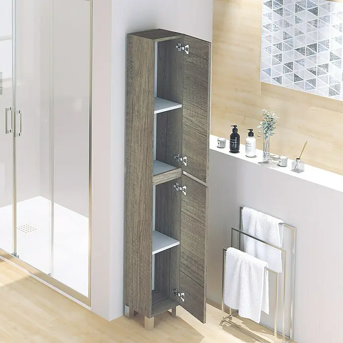 Artysan Armario alto de baño Inca - 24,6 x 26,5 x 173 cm, Nebraska - Un armario de baño delgado con puertas abiertas y estantes, perfecto para guardar elementos esenciales y complementa el diseño del baño moderno.