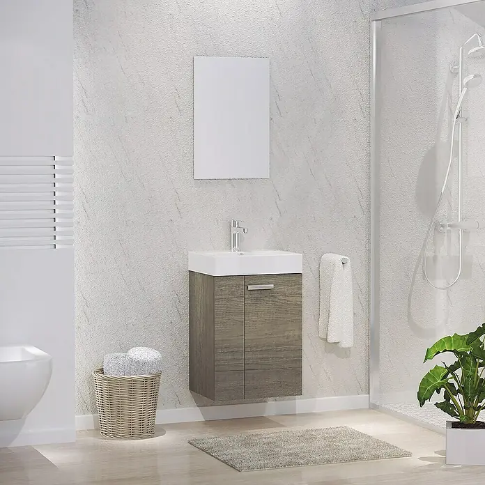 Artysan Conjunto de mueble de baño Mini - Ancho: 45 cm, Nebraska, Apertura en dos puertas, 3 pzs. - Baño con un tocador moderno con acabado en madera y un espejo rectangular.