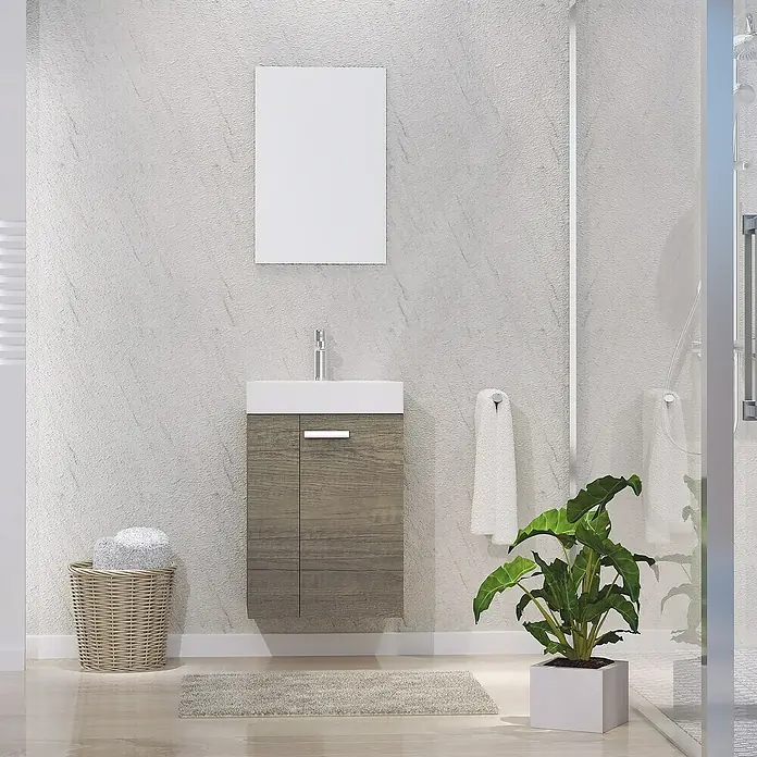 Artysan Conjunto de mueble de baño Mini - Ancho: 45 cm, Nebraska, Apertura en dos puertas, 3 pzs. - Mueble de baño moderno con gabinete de aspecto de madera, espejo minimalista y una planta verde decorativa para un toque de naturaleza.