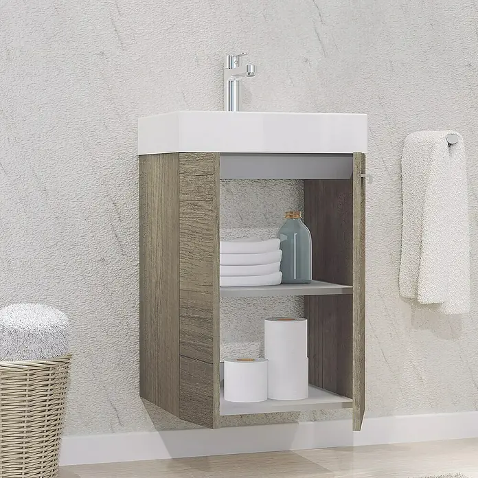 Artysan Conjunto de mueble de baño Mini - Ancho: 45 cm, Nebraska, Apertura en dos puertas, 3 pzs. - Moderno lavabo de baño con mueble de aspecto de madera, que muestra el almacenamiento de toallas y papel higiénico, creando un ambiente elegante.