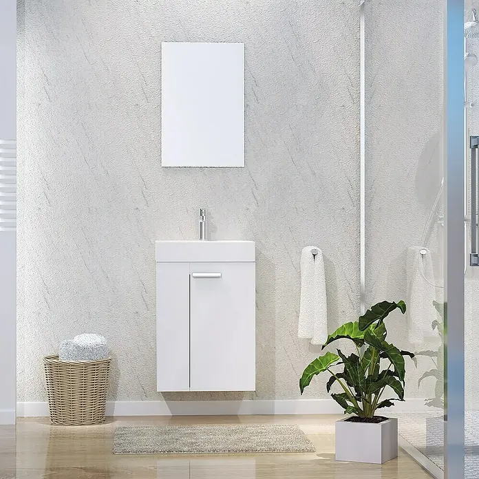 Artysan Conjunto de mueble de baño Mini - Ancho: 45 cm, Blanco, Apertura en dos puertas, 3 pzs. - Un baño moderno con un mueble de lavabo blanco, un espejo y una planta. El mueble de lavabo es elegante y ofrece un aspecto limpio.