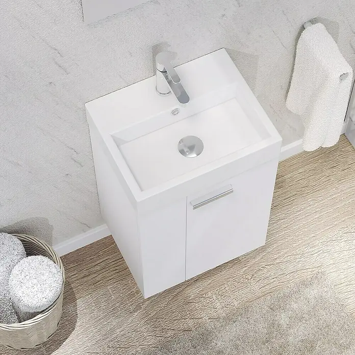 Artysan Conjunto de mueble de baño Mini - Ancho: 45 cm, Blanco, Apertura en dos puertas, 3 pzs. - Un mueble de baño blanco brillante con un grifo moderno y un diseño minimalista.