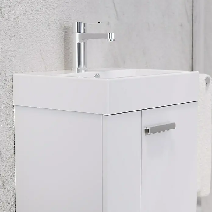Artysan Conjunto de mueble de baño Mini - Ancho: 45 cm, Blanco, Apertura en dos puertas, 3 pzs. - Imagen de un mueble de baño blanco con lavabo y grifo, ideal para baños modernos.