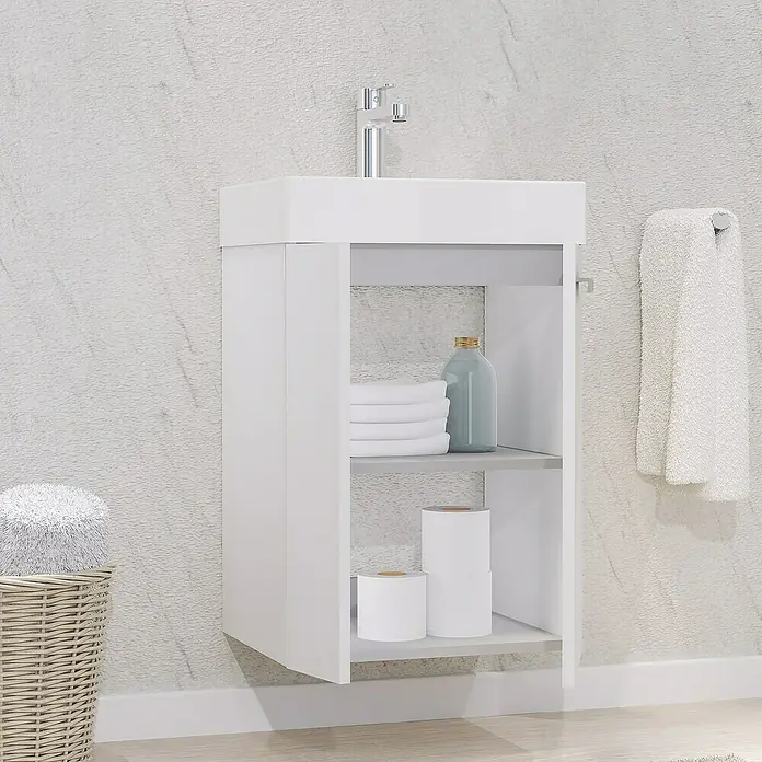 Artysan Conjunto de mueble de baño Mini - Ancho: 45 cm, Blanco, Apertura en dos puertas, 3 pzs. - La imagen muestra un moderno lavabo blanco con estanterías abiertas, perfecto para baños elegantes. El almacenamiento abierto ofrece espacio adicional.