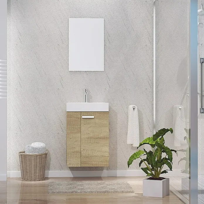 Artysan Conjunto de mueble de baño Mini - Ancho: 45 cm, Nature, Apertura en dos puertas, 3 pzs. - Baño con tocador moderno con acabado de madera, lavabo blanco y espejo. Una planta y una cesta se suman al ambiente acogedor.