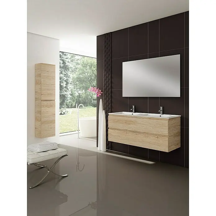 Camargue Mueble bajo de lavabo 2 senos Módena - L x An x Al: 45 x 140 x 50 cm, Nebraska natural - Interior de baño moderno con doble lavabo de madera, espejo grande y armario elegante. Diseño contemporáneo para un baño elegante.