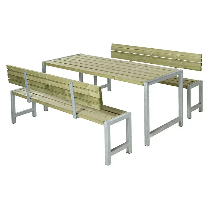 Plus Sitzgruppen-Set - 3 -tlg., Mit Rückenlehne - Ein helles Gartentischset mit zwei Bänken mit Rückenlehne und Stahlgestell für den Garten oder die Terrasse.