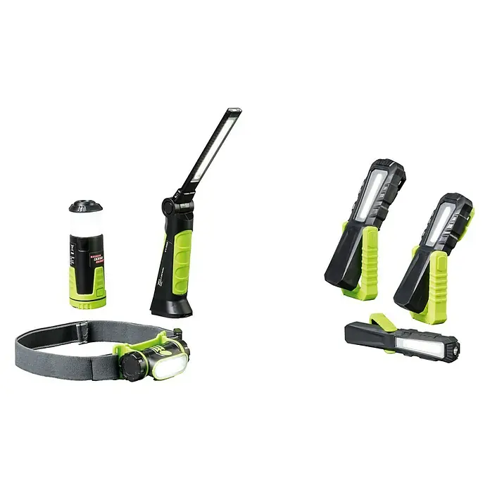 BAUHAUS LED-Arbeitsleuchte FS. 200 - 230 lm, Lichtfarbe: Neutralweiß - Verschiedene Arbeitsleuchten, darunter eine Stirnlampe, eine Stablampe und eine Inspektionsleuchte mit Akku und Magnetfuß.
