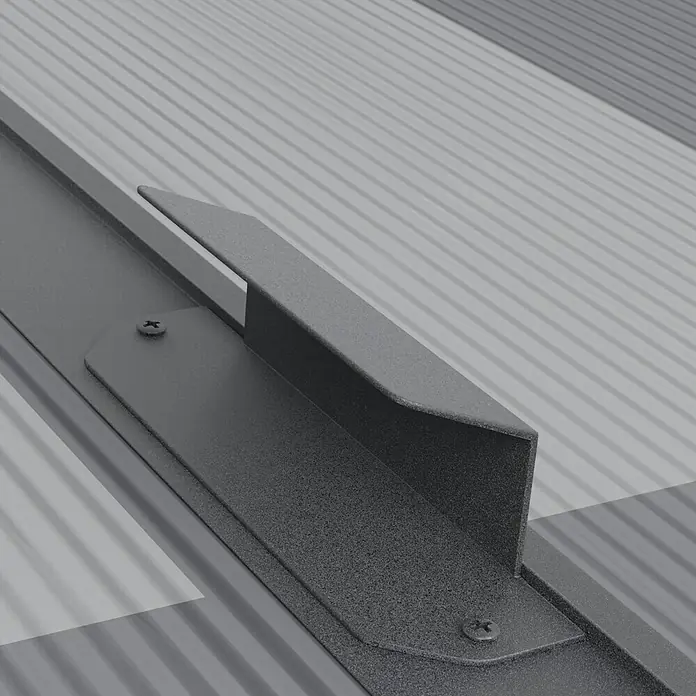 Gardol Frühbeet-Aufsatz - L x B x H: 198 x 98 x 23 cm - Nahaufnahme eines Metallsattels, der mit Schrauben an einem grauen Metalldach befestigt ist und die Haltbarkeit und sichere Installation des Produkts hervorhebt.