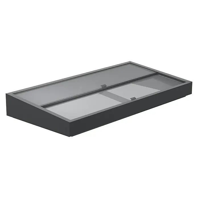 Gardol Frühbeet-Aufsatz - L x B x H: 198 x 98 x 23 cm - Ansicht einer grauen Kühltheke mit Glasschiebetüren. Ideal zur Präsentation und Kühlung von Lebensmitteln und Getränken im Einzelhandel.