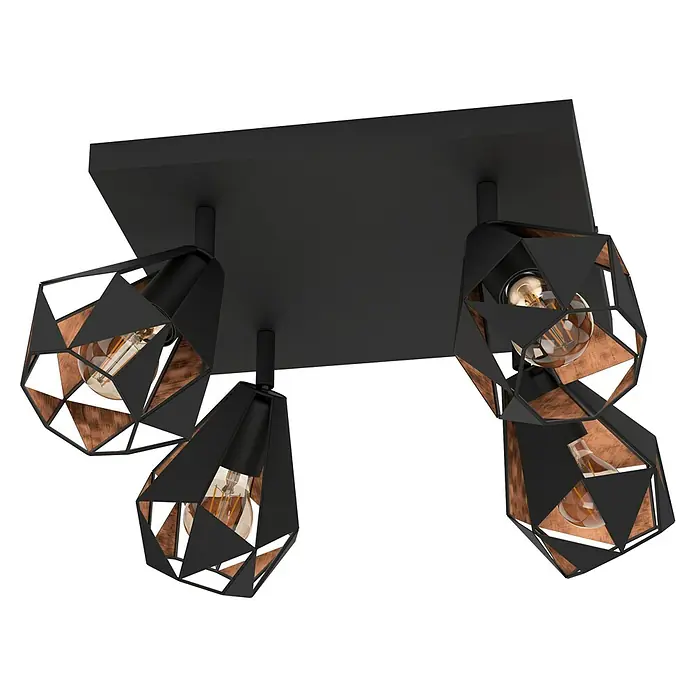Eglo Carlton 7 Wandstrahler - 160 W, L x B x H: 37 x 37 x 25,5 cm, Schwarz/Kupfer-antik, E27, Anzahl Leuchtmittel: 4 Stk. - Moderne Deckenleuchte mit vier Lampen in geometrischen Formen, schwarz und kupferfarben, für eine stilvolle Beleuchtung im Raum.