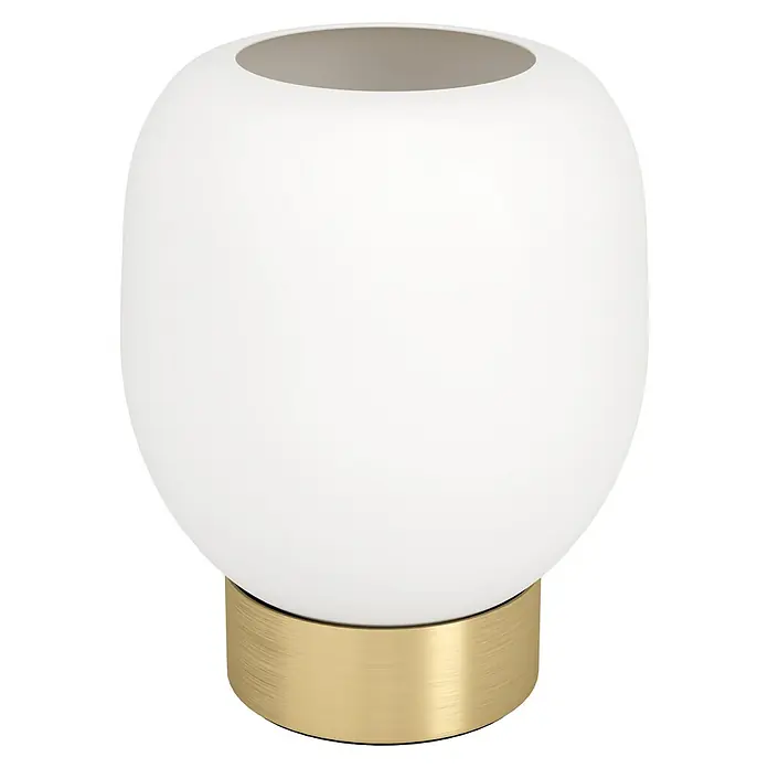 Eglo Manzanares Tischleuchte rund - 40 W, Ø x H: 145 mm x 18 cm, Gold, E27 - Eine Nahaufnahme einer weißen kugelförmigen Vase mit einem goldenen Sockel, die ein elegantes und modernes Design zeigt.