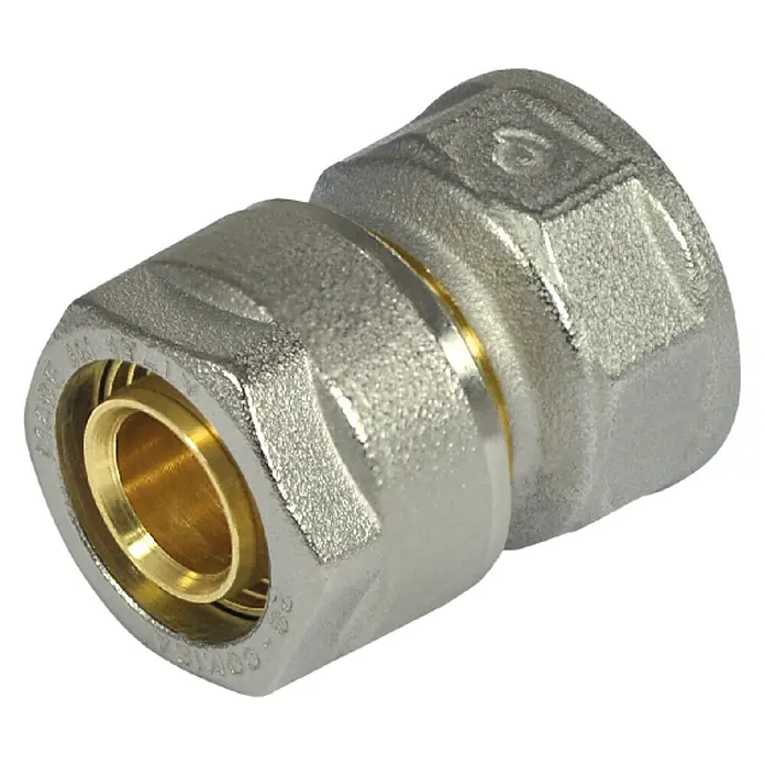 Schraubkupplung - Durchmesser: 16 mm, Innengewinde: ½″, Vernickelt, 10 Stk. - Nahaufnahme einer silbernen Comisa-Rohrverschraubung mit Messingeinsatz, geeignet für Sanitär- und Heizungsinstallationen.