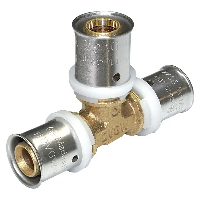 Press-T-Stück - Durchmesser: 16 mm, 10 Stk. - Ein T-Stück-Fitting aus Messing mit Edelstahlhülsen und weißen Kunststoffringen, das für Sanitär- und Heizungsanwendungen verwendet wird.