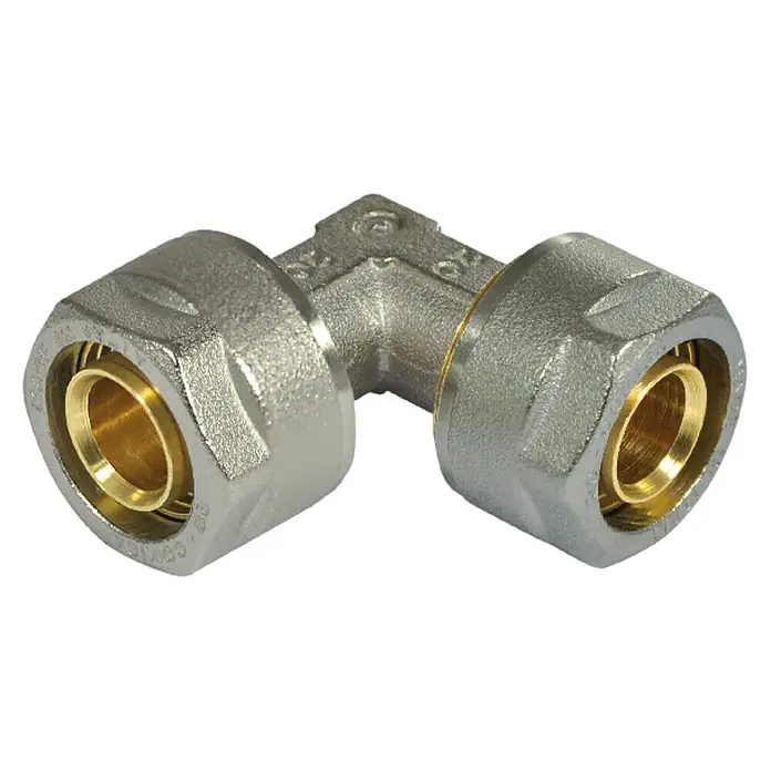 Klemmwinkel - Durchmesser: 16 mm, Winkel: 90 °, Messing, 10 Stk. - Nahaufnahme eines 90-Grad-Winkels aus Messing, ein Sanitär-Fitting mit zwei Anschlüssen und einer robusten, silbrig schimmernden Oberfläche.