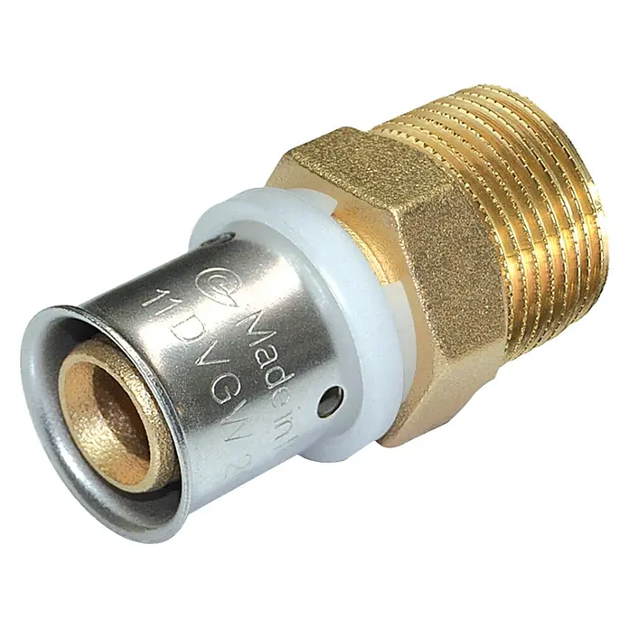 Press-Übergangsnippel - Durchmesser: 16 mm, ½″, 10 Stk. - Nahaufnahme einer Messingrohrverbindung mit Gewindeende und einem silberfarbenen Pressanschlussstück.