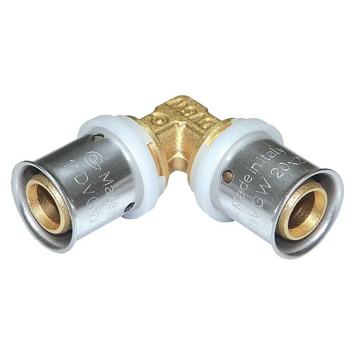 Presswinkel - Durchmesser: 20 mm, 10 Stk. - Ein Messing-Pressfitting-Winkelstück mit weißen Dichtringen und silbernen Hülsen, hergestellt in Italien, für eine sichere und zuverlässige Rohrmontage.