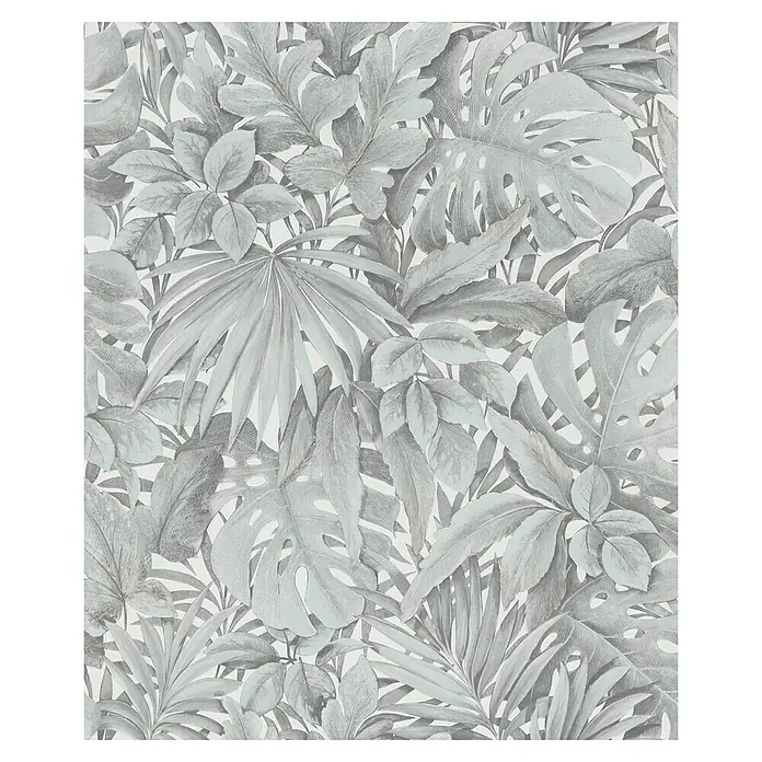 Marburg Botanica Vliestapete - Weiß/Grün, Floral, 10,05 x 0,53 m - Graues Blattmuster-Tapete mit detaillierten tropischen Blättern und üppiger Textur für eine elegante Wanddekoration.