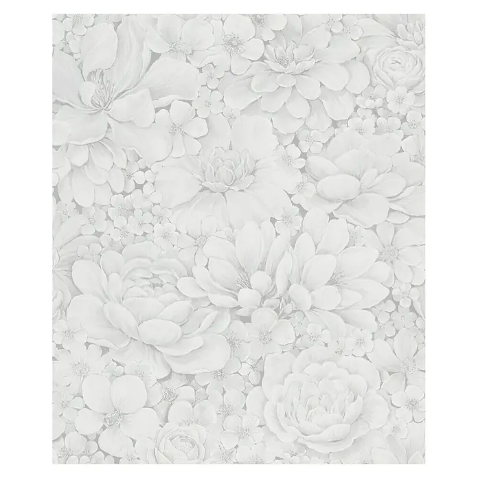 Marburg Botanica Vliestapete - Weiß/Grau, Floral, 10,05 x 0,53 m - Weißes florales Wandbild. Ein harmonisches, monochromatisches Design mit detaillierten Blüten, ideal für ruhige und elegante Räume.
