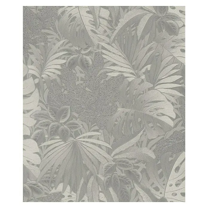 Marburg Botanica Vliestapete - Platin, Floral, 10,05 x 0,53 m - Nahaufnahme einer grauen Tapete mit einem komplizierten botanischen Design, das tropische Blätter zeigt und eine subtile, elegante Note bietet.